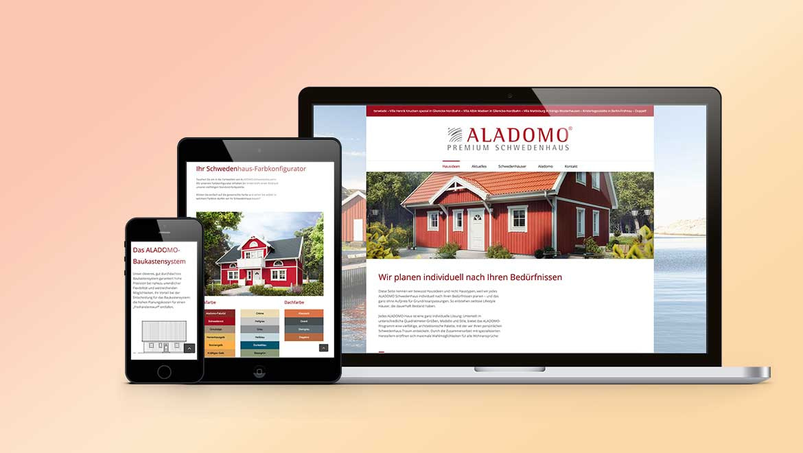 Screenansicht Full responsive Webdesign mit Produktkonfigurator für Aladomo Schwedenhaeuser in Ritterhude.